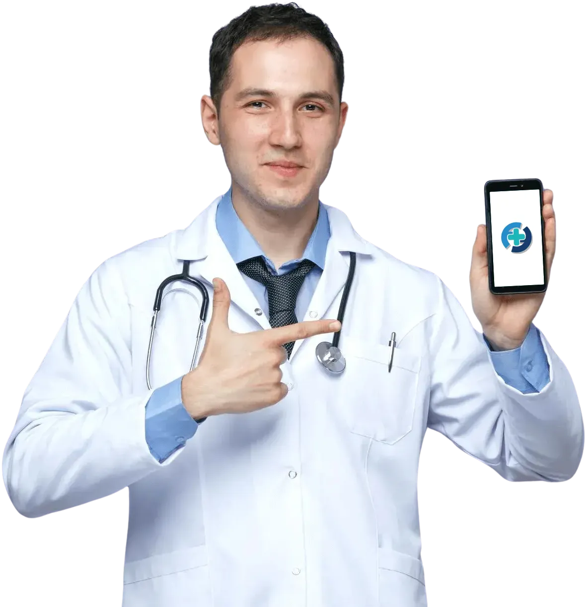 Doctor señalando a un celular y el celular tiene el logo del policlínico Admedic